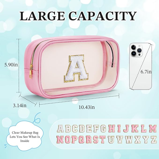 YOOLIFE Initial Birthday Gifts for Girls Kids Clear Makeup Bag Preppy Cosmetic Bags Organizer Travel Essentials Pink Gifts for Girls Teen Girlfriend Teacher Kids Birthday Gift Preppy Stuff M