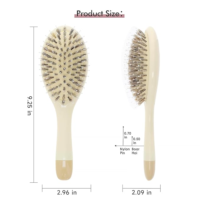 Boar Bristle Hair Brush -boar bristles + nylon pins， Smoothes & Detangles All Hair Types, Hairbrush for Women, Men & Kids, Distributes Oils for Natural Shine & Stimulates Scalp