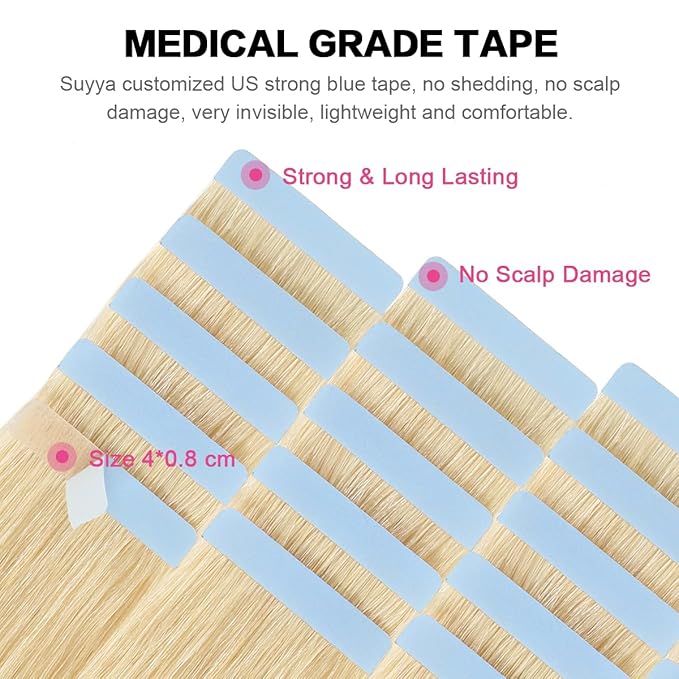 SUYYA Tape in Hair Extensions Bleach Blonde 100% Real Human Hair 20 inches 20pcs 50g/pack Straight Seamless Skin Weft Tape in Human Hair Extensions Blonde(20 inches #613 Bleach Blonde)