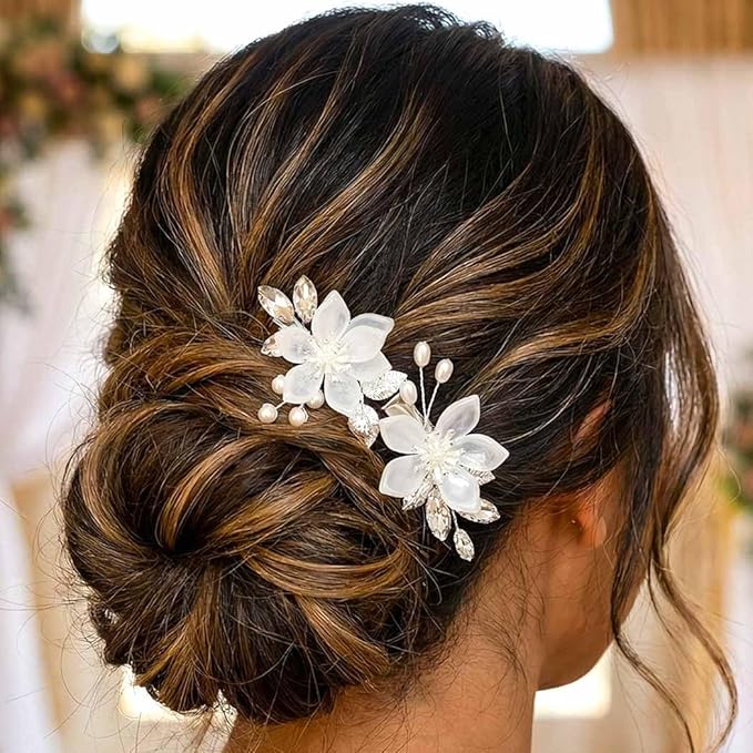 Heread Flower Bride Wedding Hair Clips Silver Leaf Bridal Hair Barrette Pearl Hair Accessories for Women and Girls (Pack of 2)