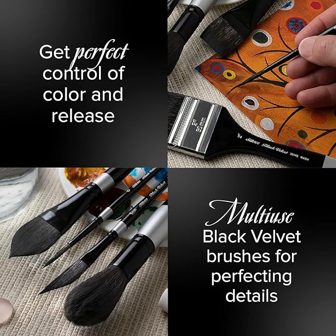 Silver Brush Limited BV-3057S Black Velvet Short Handle 3pc Stroke Set, Mixed Filament Brushes with Very Soft Tips, Professional Artist Painting Set for Watercolors, Gouache, Dyes & Silk Painting