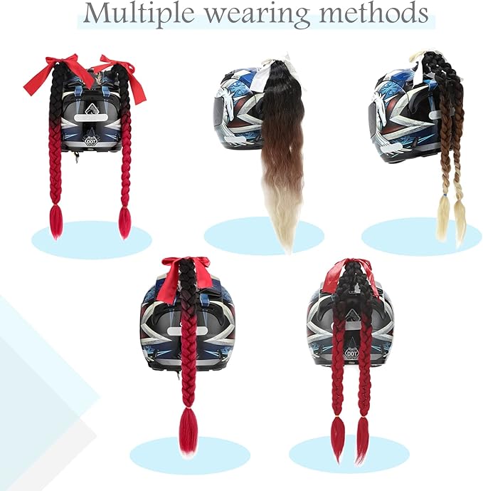SEGO 1PCS/2PCS Helmet Pigtail Braids with Detachable Suction Cup Bowknot Ponytail Hair Many Colors (Helmet not Included)