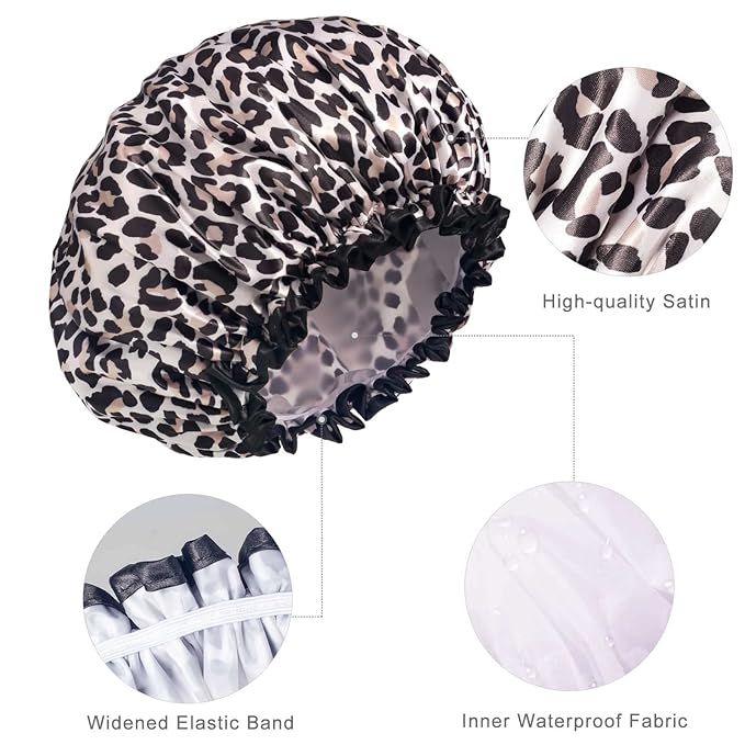 Aquior Shower Cap, Shower Cap for Women Reusable Waterproof, Large Bath Hair Cap for All Hair Lengths, Ladies, Men and Kids (Leopard)