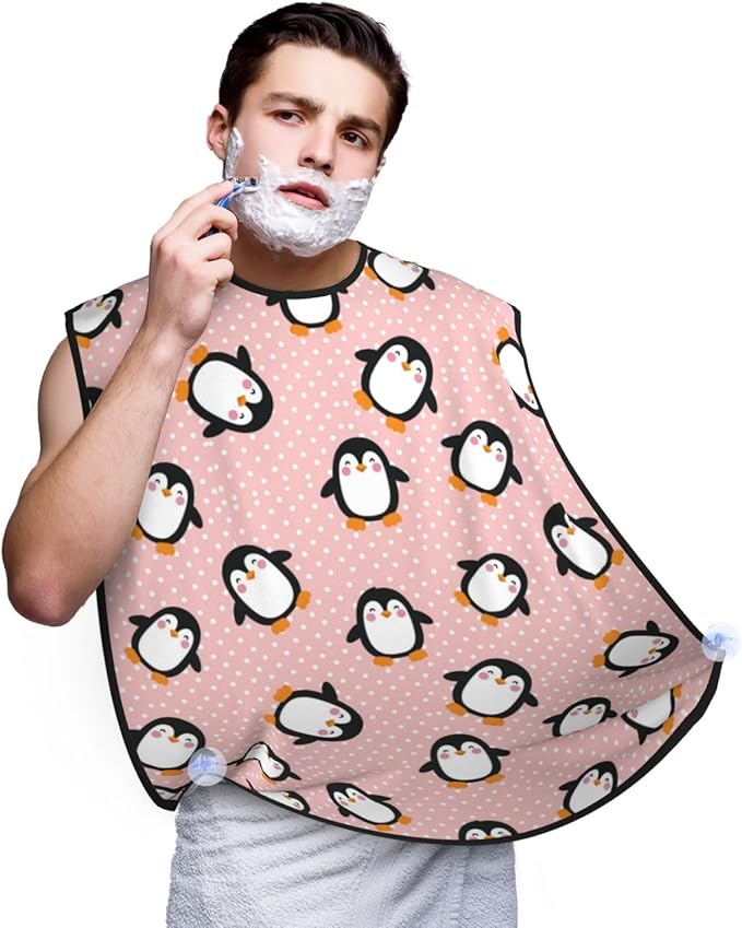 Adjustable Beard Bib, Non-Stick Hair Catcher Cape for Men's Shaving, Waterproof with 2 Suction Cups, Pink Polka Dots Cute Animals Cartoon Penguin Shave Bib
