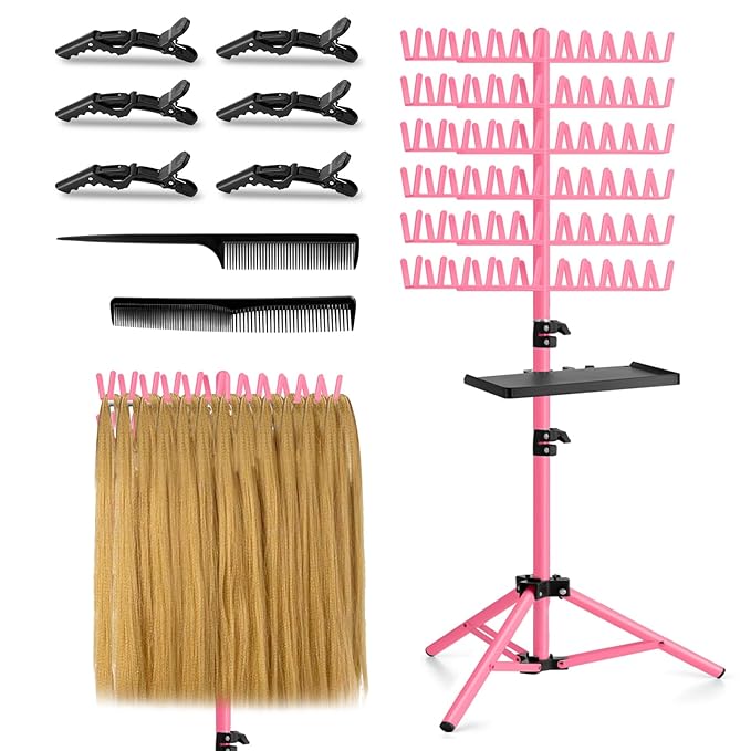 Braiding Hair Rack with Tray, 144 Pegs Height Adjustable Braiding Rack, 2-side Hair Extension Holder Hanger, Hair Stand with Stylist Hair Braiding Tools for Hair Salon Home Traveling (Pink)