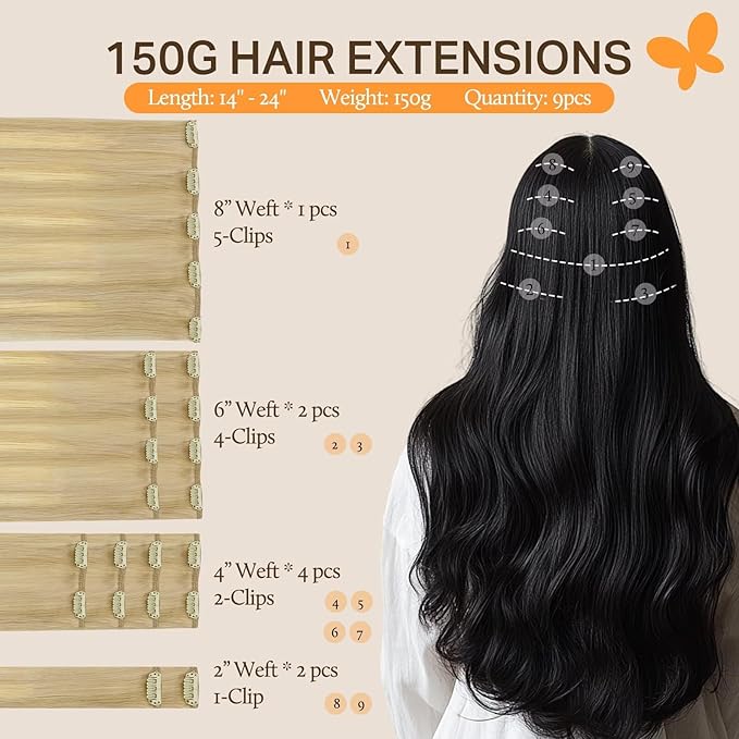 DOORES Hair Extensions Clip in Human Hair, Dirty Blonde Mixed Platinum Blonde 24 Inch 150g 9pcs, Clip in Extensions Human Hair Natural Hair Extensions Real Hair Extensions Human Hair Thick Straight