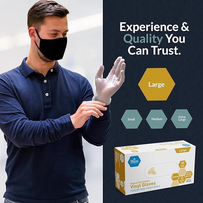MED PRIDE Medical Vinyl Examination Gloves (Large, 100-Count) Latex & Rubber Free, Ultra-Strong, Clear Disposable Powder-Free Gloves for Healthcare & Food Handling Use (Pack of 2)