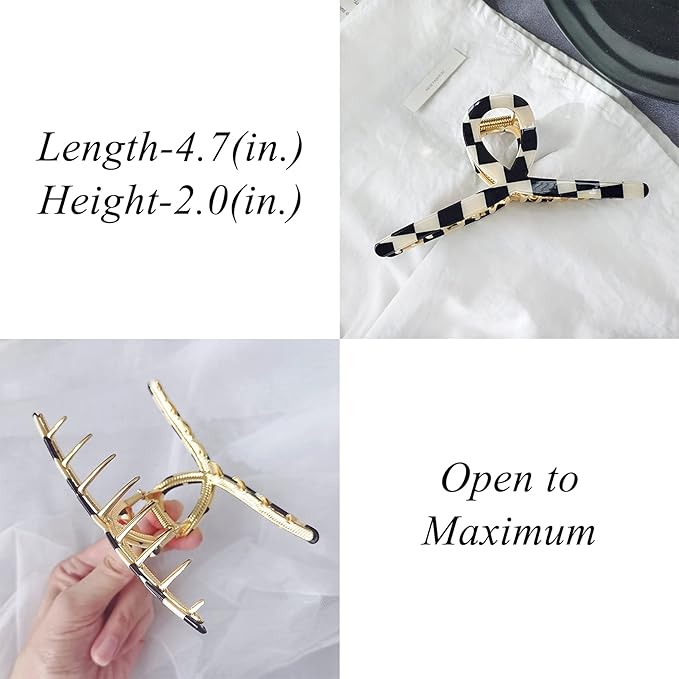 FAELBATY Hair Clip, Acetate Metal Claw Clip for Women, Strong Hold Claw for Heavy Hair, Checkerboard Pattern, 4.5" Jaw Clamp, Large Hair Accessories for Long Thick Hair