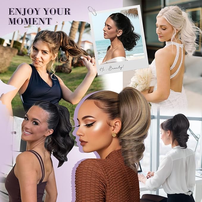 12 Inch Ponytail Extension - Clip in Ponytail Hair Extensions, Curly Wavy Pony Tails Hair Extensions, Synthetic Claw Clip Ponytail Extension for Women (Color: Light Brown With Blonde Highlights)