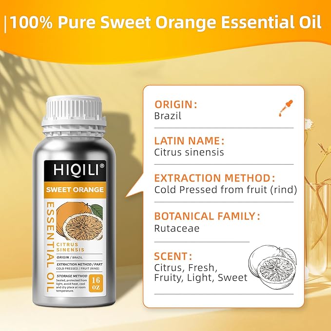 HIQILI 16 Fl Oz Orange Essential Oil, Pure and Natural for Diffuser, Skin - 500ML