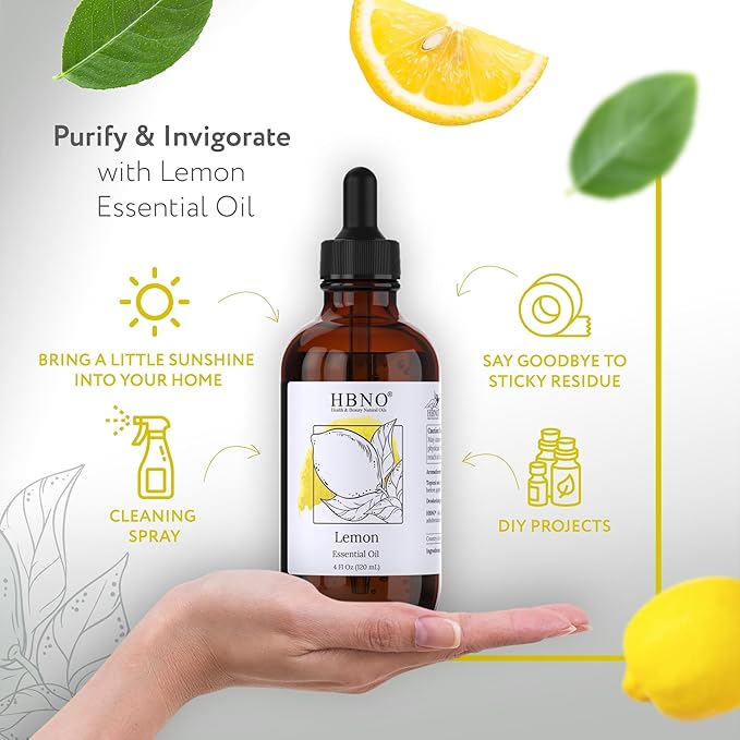 HBNO California Bottled Lemon Essential Oil 4 fl oz (120ml) - Natural & Premium Grade - Lemon Essential Oil for Cleaning