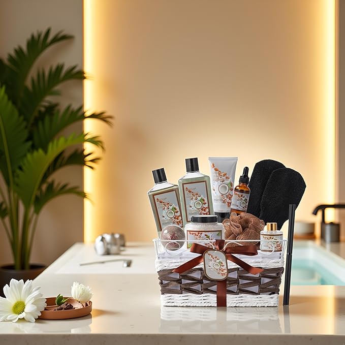 Coconut Almond spa kit, Bath and Body Gift Basket Christmas Gifts for Women & Men Spa Gift Basket,16 Pcs Bath Gift Set With Fragrant Lotion, Home Spa Luxurious Bath Body Oil, Diffuser & More