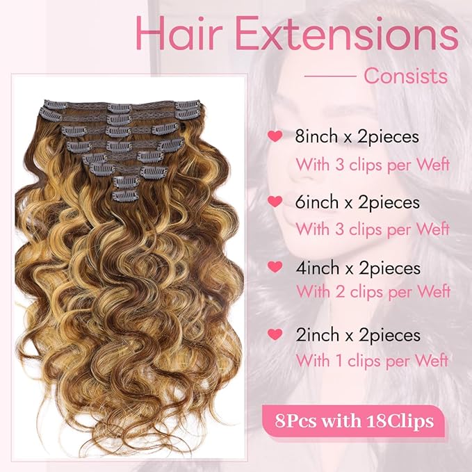 Clip in Hair Extensions Real Human Hair Body Wave #4/27 Chocolate Brown to Honey Blonde 100% Brazilian Remy Human Hair Extensions 8pcs Per Set with 18 Clips Double Weft 20 Inch 105g/3.6oz
