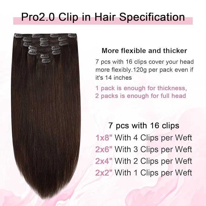 Pro2.0 Clip in Hair Extensions Real Human Hair 20inch 7pcs Color #4 Chocolate Brown Remy Real Human Hair Extensions Clip ins 120g Thick Seamless Double Weft for Women（#4a-20inch）