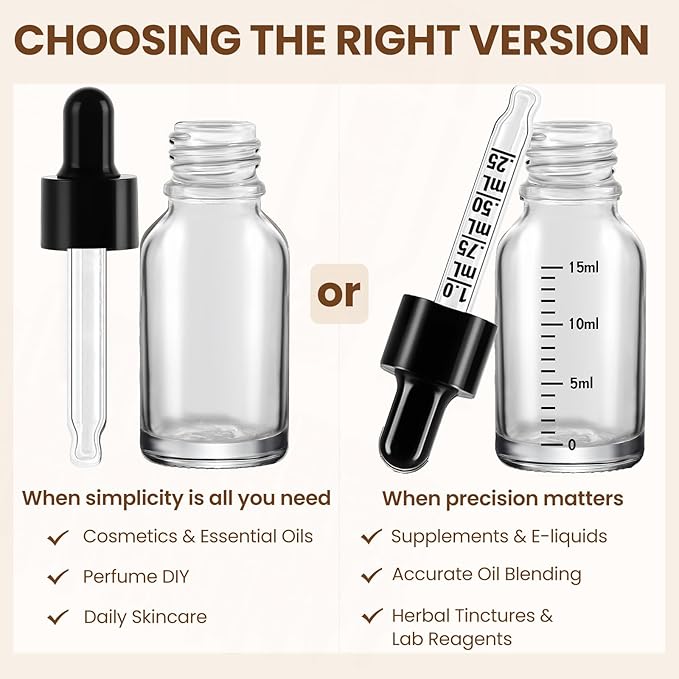 50 Pcs 1/2oz Clear Glass Dropper Bottles with Measurement, 15ml Leakproof Tincture Bottles with Funnels, Eye Droppers, Extra Caps & Labels, Refillable Empty Bottle for Tinctures, Essential Oils