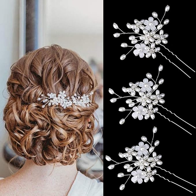Elegant Pearl Wedding Hair Pins, Bendable Floral Crystal Hair Accessories for Bridal Women, Pack of 3 (Silver)