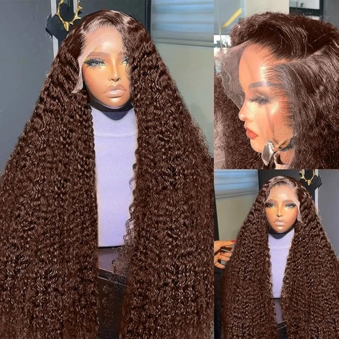 250% Density 13x6 FULL SKINLIKE HD Chocolate Brown Deep Curly lace front wigs Pre Plucked Real 0.10mm Ultra-thin Invisible Water Wave HD Lace Front Wigs Human Hair Small Knots Full Virgin Hair 30 Inch