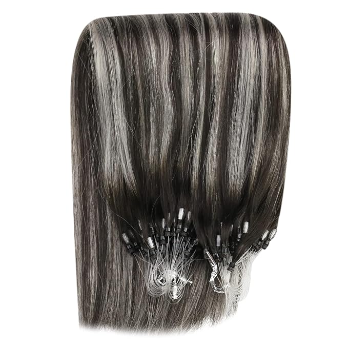YoungSee Micro Loop Hair Extensions Real Human Hair Ombre Microlink Hair Extensions Balayage Black with Silver Microbead Hair Extension Human Hair Straight 24 Inch for Prom 50g 50s