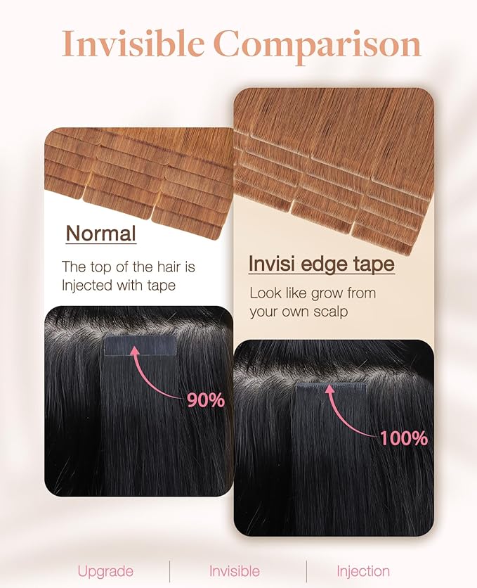 GOO GOO Invisi Edge Tape in Hair Extensions Human Hair, 330 Cinnamon Terra Copper, 20pcs 14inch 50g, Virgin Remy Hair, Seamless Injected Tape, Natural Look