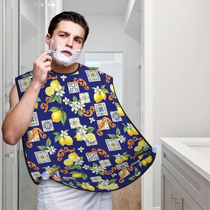 No-Slip Shaving Bib, Beard Grooming Apron with Strong Suction Cups, Blue Watercolor Lemon Tree Leaf Flowers Floral