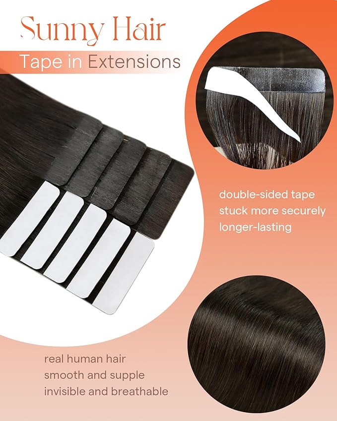 Sunny Hair Tape in Hair Extensions Real Human Hair Invisible Remy Hair Extensions Tape ins for Women Dark Brown 24 inch 25G