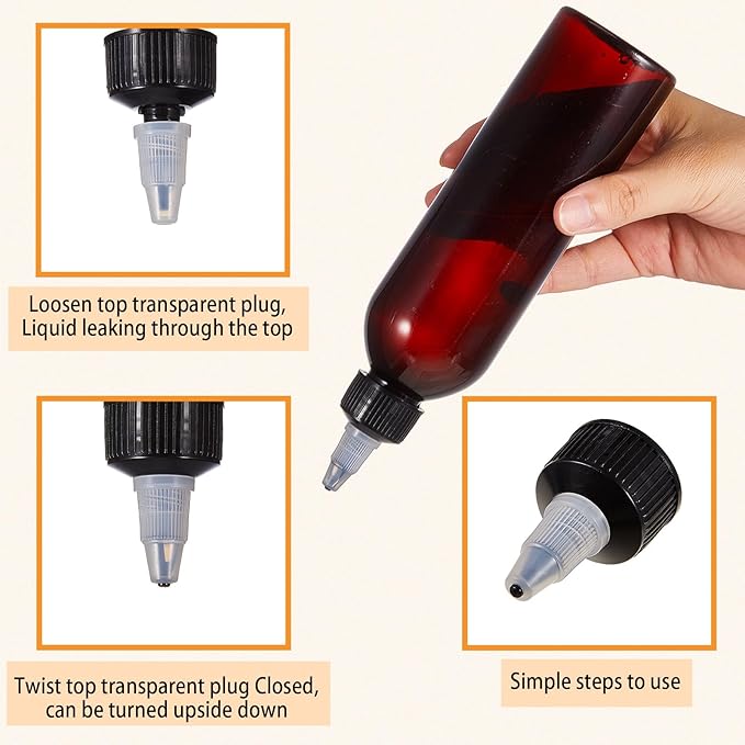 Barydat 6 Pcs 8 oz Squeeze Bottle Twist Top Applicator Bottles Empty Hair Oil Bottle with Funnels Refillable Amber Plastic Bottles for Liquid Hair Oil Shampoo Lotion