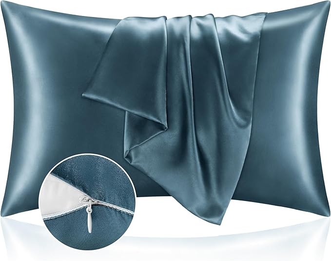 BEDELITE Satin Pillowcase with Zipper 2 Pack, Bluesteel Pillow Cases Standard Size, Super Soft and Cooling Similar to Silk Pillow Cases, Gift for Women Men(20x26 Inches)