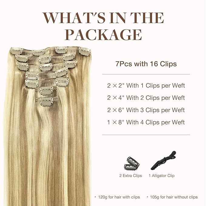 GOO GOO Clip in Hair Extensions Real Human Hair, Remy Human Hair Extensions Clip ins for Women, Natural Human Hair, 14inch 120g 7Pcs, 16/22 Light Blonde Highlighted Golden Blonde