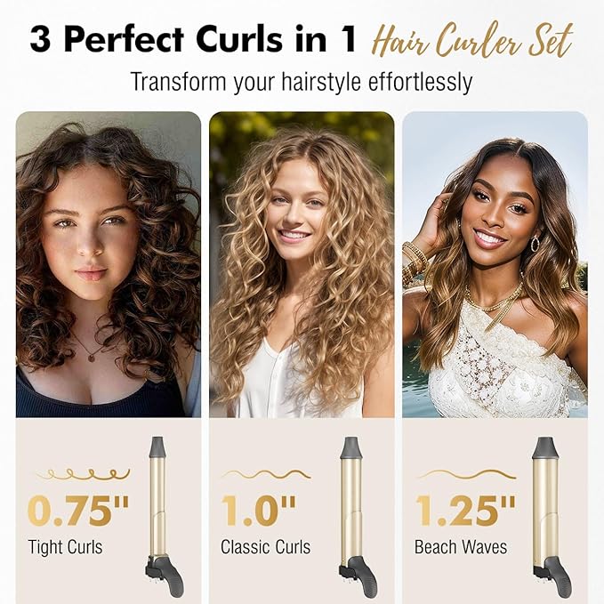 Rotating Curling Iron, 3 in 1 Automatic Curling Iron Set with Interchangeable Barrel 3/4, 1, 1 1/4 Inch, Instant Heat Dual Voltage Curling Wand for Lasting Beach Waves, Gold