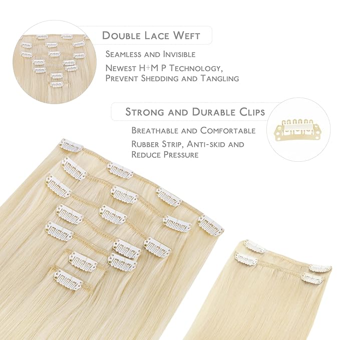Wennalife Clip in Human Hair Extensions, 18 Inch 150g 9pcs Clip in Hair Extensions Real Human Hair, Platinum Blonde Human Hair Clip in Extensions Remy Human Hair Extensions Clip Ins Double Weft