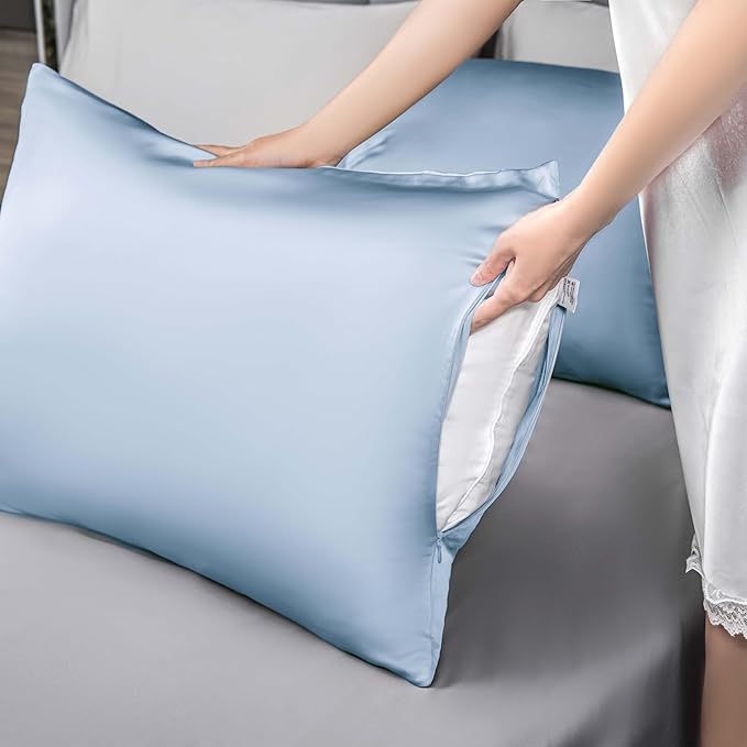 Mulberry Silk Pillowcase for Hair and Skin,Cooling Silk Pillow Case with Hidden Zipper,Allergen Proof Dual Sides Soft Breathable Smooth Silk Pillow Cover for Women (Light Blue,Standard)