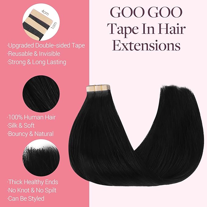 GOO GOO Tape in Hair Extensions Human Hair, 1 Jet black, 18inch 50g 20pcs, Skin Weft Seamless Invisible, Silky Straight with Thick Ends, Remy Human Hair