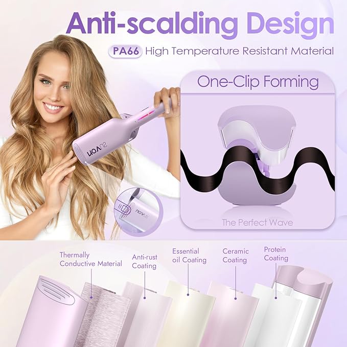 NOVUS Curling Iron Hair Crimper Waver - 1.25 Inch Anti-Scald Waves Curling Wand, Ionic Deep Waver Hair Curler Tool with Ceramic 2 Barrel for All Hair Types, Auto Shutdown Protection