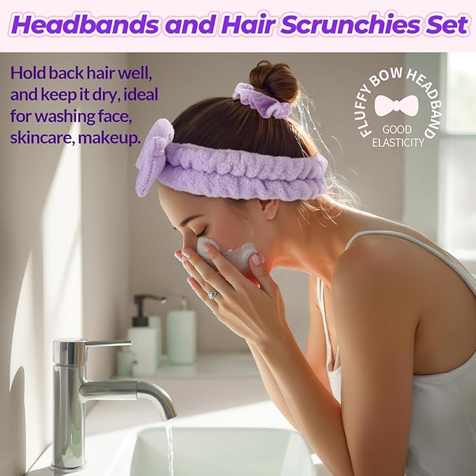LEOBRO Spa Headband, Makeup and Skincare Headbands, Headband for Washing Face, with Bows for Hair Decorations, and Hair Scrunchies, Christmas Gifts for Teens, Girls, Women (Rose Red & Yellow & Purple)
