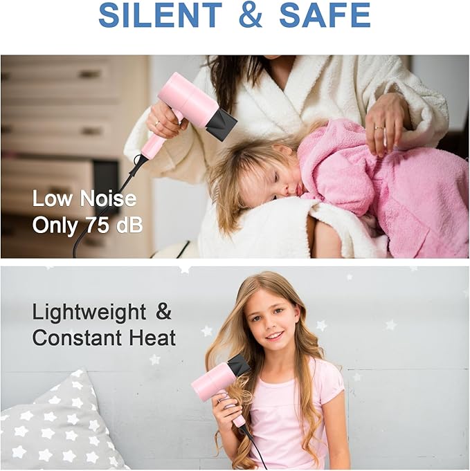 slopehill Professional Ionic Hair Dryer, Powerful 1800W Fast Drying Low Noise Blow Dryer with 2 Concentrator Nozzle 1 Diffuser Attachments for Home Salon Travel (Pink)