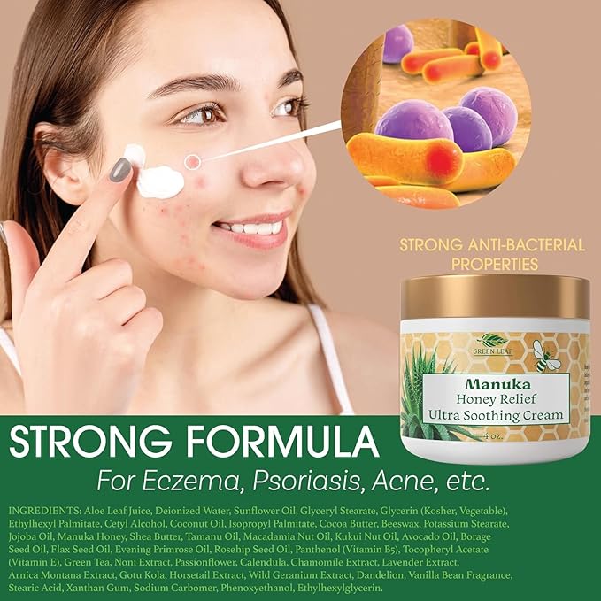 Green Leaf Naturals - Manuka Honey Face Cream - 4oz -Aloe Vera - Jojoba Oil Infused - Body Cream - Gluten Free Moisturizer for Kids & Adults - Nourishing Skin Care