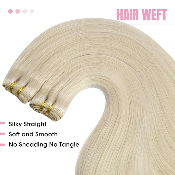 YoungSee 125G Weft Hair Extensions Human Hair Platinum Blonde Sew in Hair Extensions Blonde Remy Hair Weft Extensions for Long Hair 22 inch