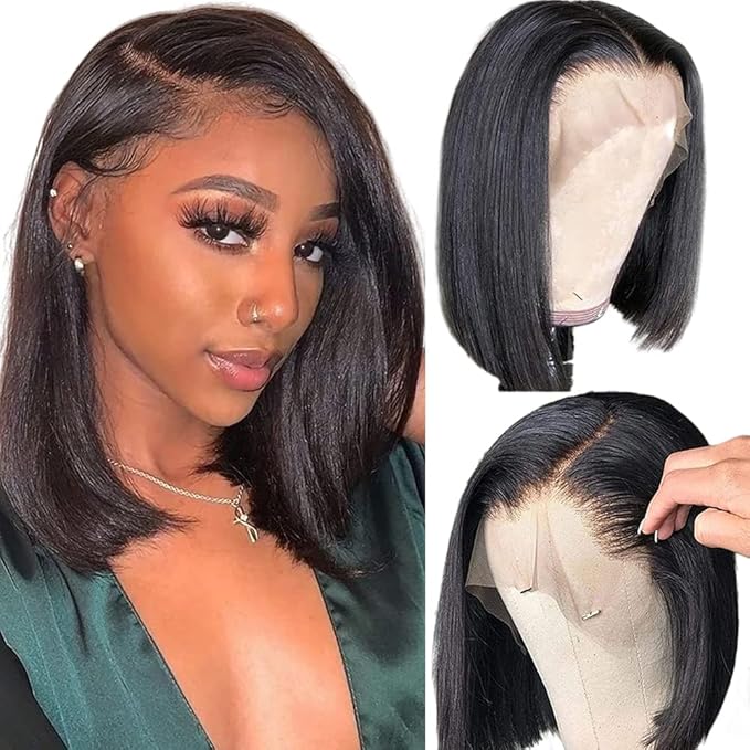 Bob Wig Human Hair 13x4 Lace Front Wigs Human Hair Pre Plucked with Baby Hair 180% Density Short Bob Wigs for Women Straight Bob Frontal Wigs for Women Natural Black (12inch,Short Wigs)