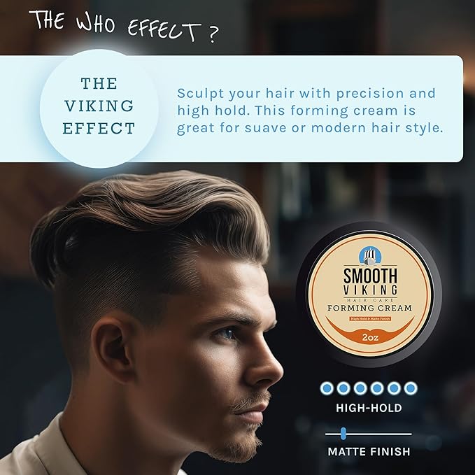 Smooth Viking Forming Cream - High Hold Styling Cream for Matte Finish, Men's Hair Products, Hair Paste for Short, Curly and Long Hair, Made in USA, 2oz