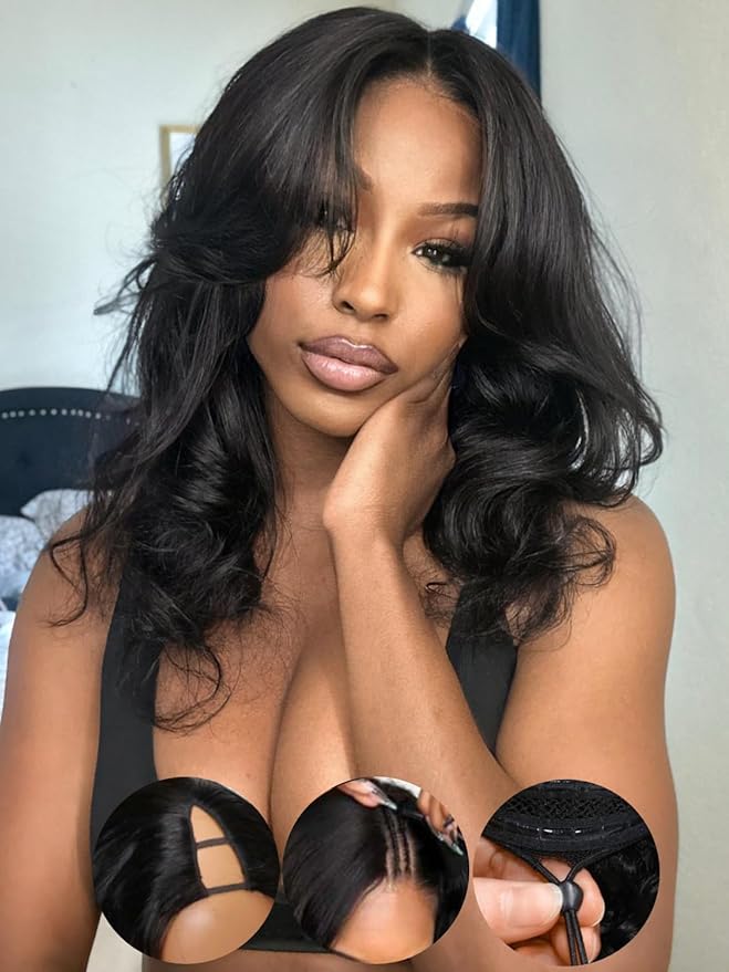 KLAIYI EasiContour V Part Wig Human Hair Body Wave Glueless Upgrade U Part Wig No Leave Out No Gel Clip in Half Wig V Shape Pull and Go Beginner Friendly Ready to Wear Natural Black Color 150% 24Inch