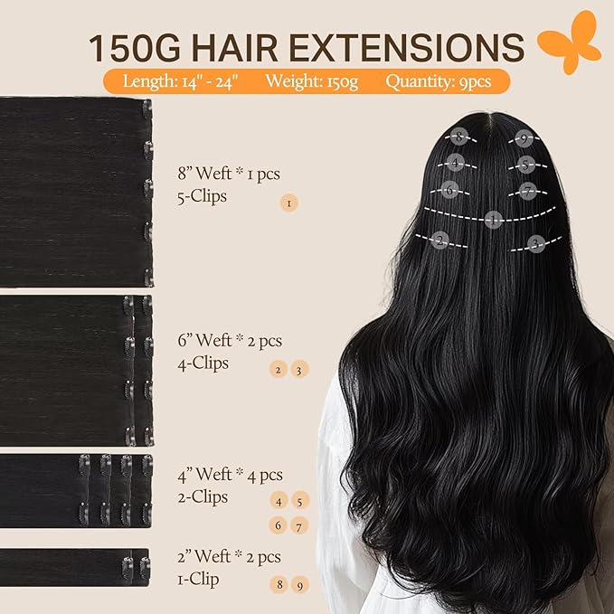 DOORES Hair Extensions Clip in Human Hair, Natural Black 150g 9pcs 20 Inch, Real Thick Remy Weft for Women Straight Silky Weft