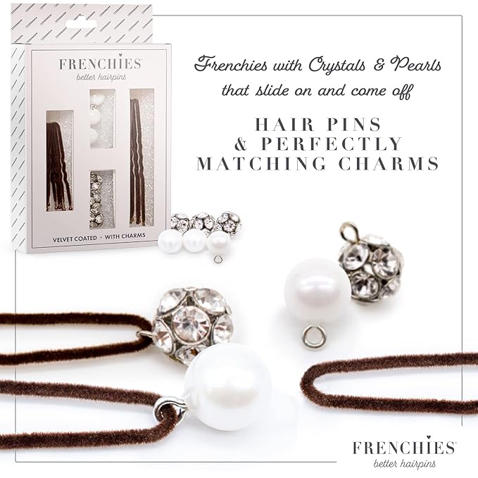 Frenchies French Twist Hair Pin, Velvet Coated Extra Soft French Hair Pins for Women, Wedding, Updo Extensions, or Wig, 6 Pearls + 6 Crystals, 20 Count (10 Lrg, 10 Sm), Brown
