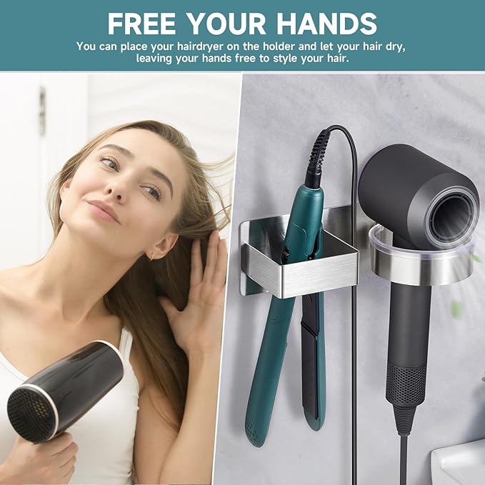 Hair Dryer Holder, Hair Tool Organizer, Stainless Steel Blow Dryer Holder Wall Mounted, Adhesive Straightener Holder, Bathroom Hair Care Styling for Flat Iron,Curling Iron,Hairdryer