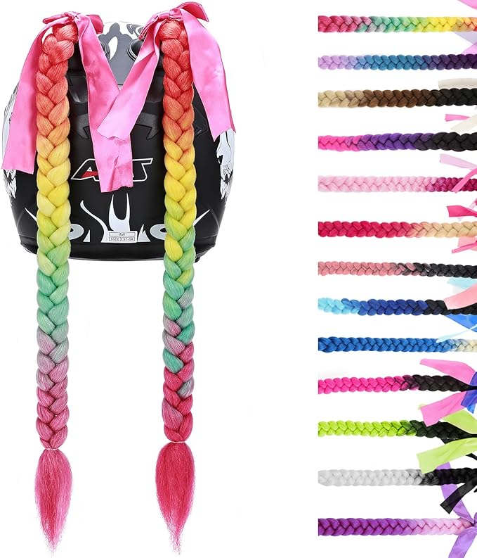 SEGO 1PCS/2PCS Helmet Pigtail Braids with Detachable Suction Cup Bowknot Ponytail Hair Many Colors (Helmet not Included)