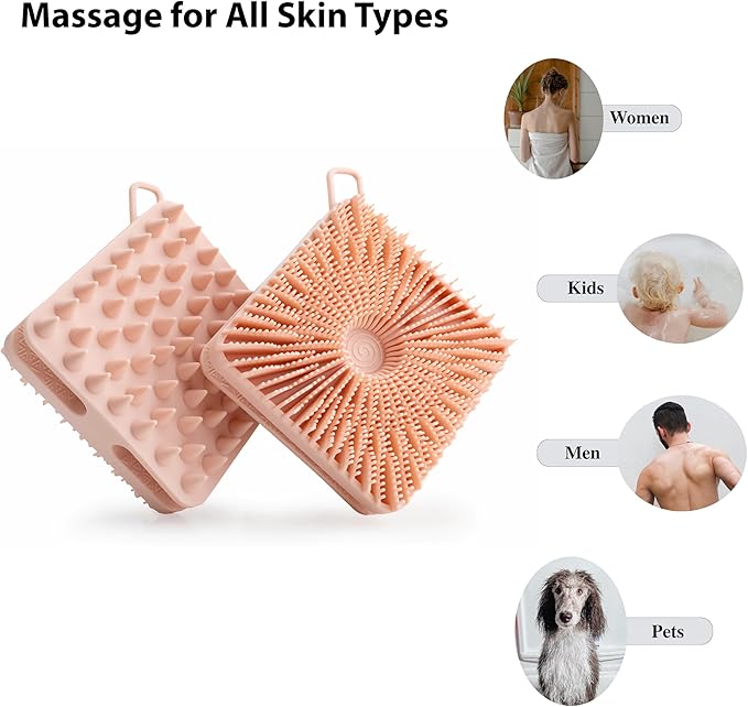 2 PC Silicone Exfoliating Body Scrubber, Silicone Body Shampoo Brush, Soft Silicone Loofah for Sensitive Skin, Shower Silicone Hair Scalp Massager, Easy to Clean, Lather Well(Gray&Pink)