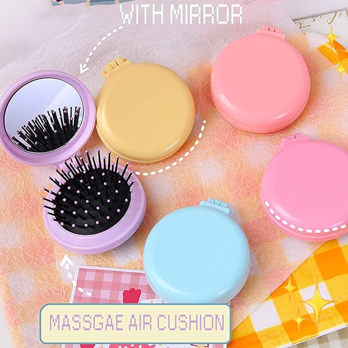 10 Pack Folding Travel Mirror Hair Brushes Round Folding Pocket Hair Brush Mini Hair Comb Compact Travel Size Hair Massage Combor Women and Girls (5Colors)