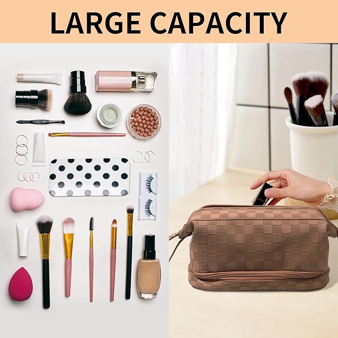 Abiudeng Large Capacity Makeup Bag Ladies Cosmetic Bag Travel Bag with Compartments Portable PU Leather Travel Makeup Bag with Handle