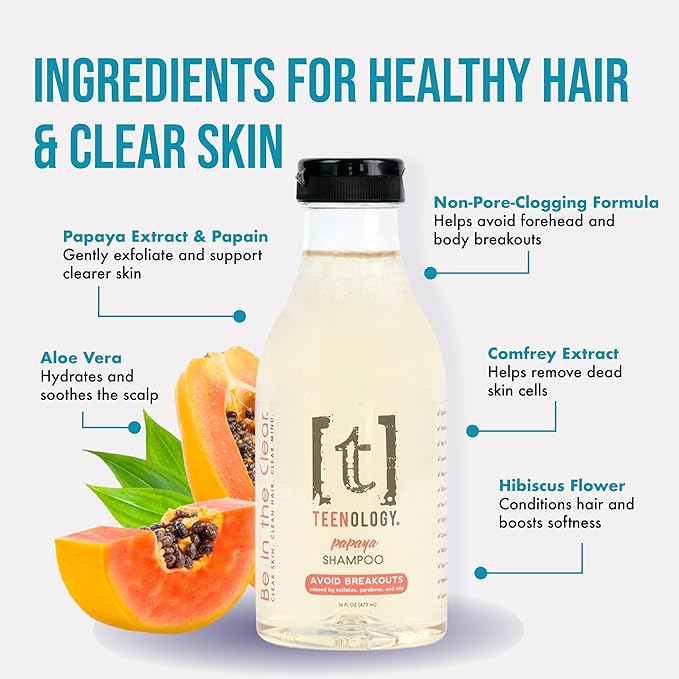 Teenology Teen Shampoo – Avoid Acne Breakouts, Non-Comedogenic, For Dry & Oily Scalps, Sulfate & Paraben Free, Natural Botanical Extracts, for Clear Skin & Healthy Hair, 16 oz – (Papaya)