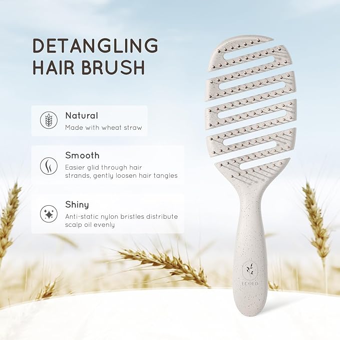 Detangler Hairbrush, Soft Bristle Detangling Brush for Straight, Wavy,Curly and Fine Hair, Dry and Wet, Quick Smoothing for Women and Men, Eco-Friendly & Sustainable Material (Natural)