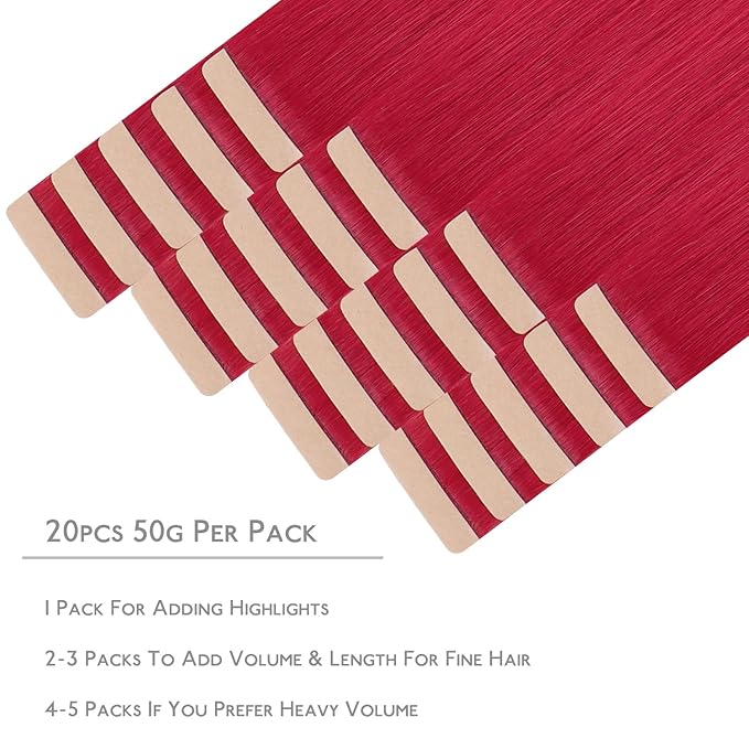 WENNALIFE Tape in Hair Extensions Human Hair, 20pcs 50g 22 inch Red Remy Hair Extensions Straight Human Hair Tape in Extensions Tape Ins Straight Extensiones De Cabello Humano Skin Weft